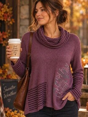 Claire France Plum Striped Cowl Neck Sweater 2X